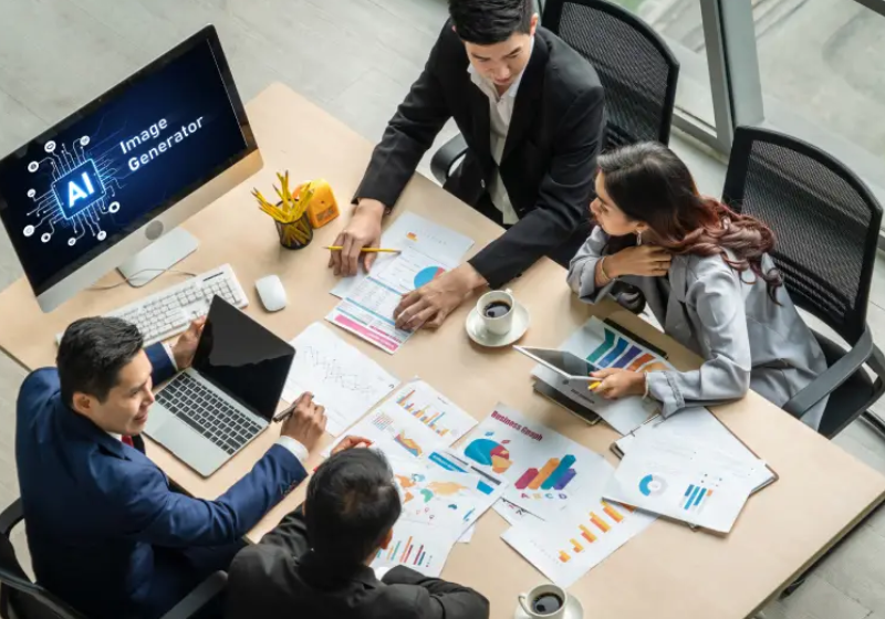 An overhead shot of four business people in a meeting around a conference table. They are looking at papers with various charts and graphs. A laptop and a desktop monitor are on the table, with the monitor displaying "AI Image Generator." Two of the people are pointing at the papers, and two have coffee cups on the table.